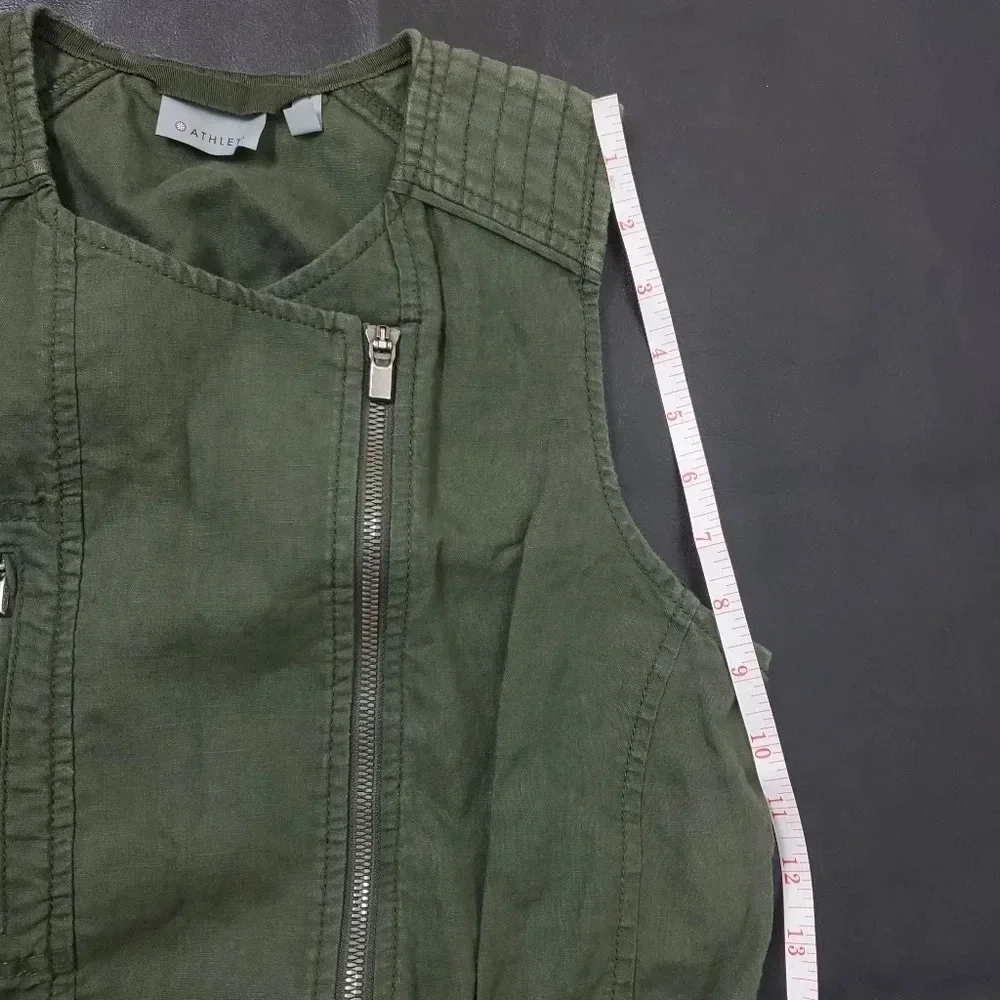 Athleta Wanderabout 100% linen olive green utility tunic vest xs zip-up top xs